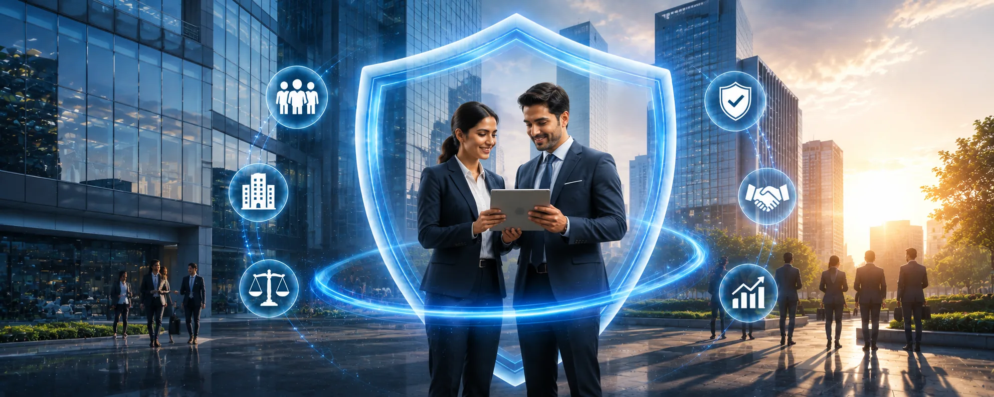 Two colleagues review a tablet in a city business district at sunset inside a glowing shield, glass towers behind them, ringed by icons for workforce, premises, legal liability, verification, partnership and growth.