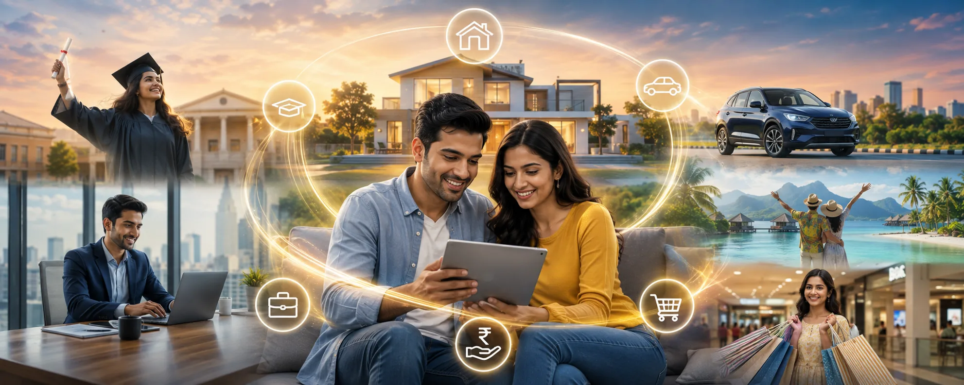A couple sit on a sofa with a tablet inside a ring of icons for a home, a car, education, business and shopping, with a house, a car, a graduation, an office desk and a beach holiday collaged around them.