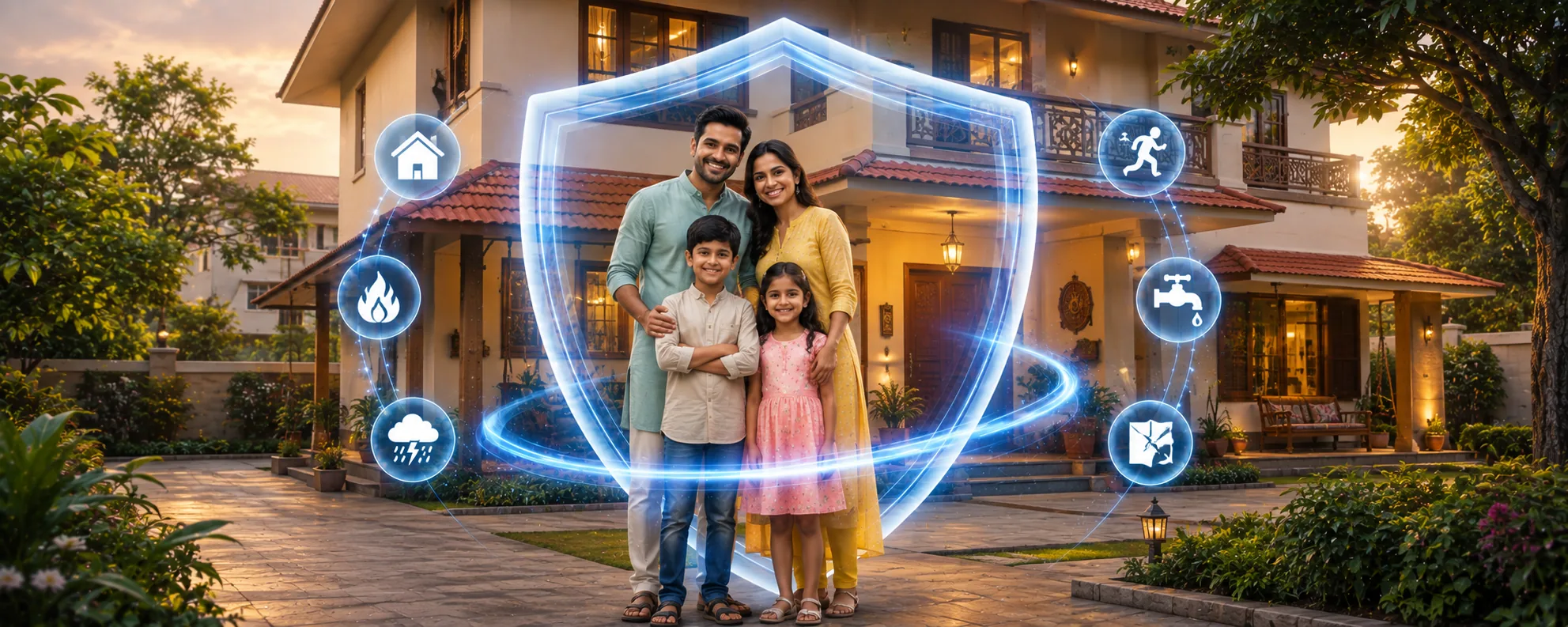 A family of four stand in front of their lit two-storey house at dusk inside a glowing shield, ringed by icons for the home, fire, storm, escape, plumbing and theft.