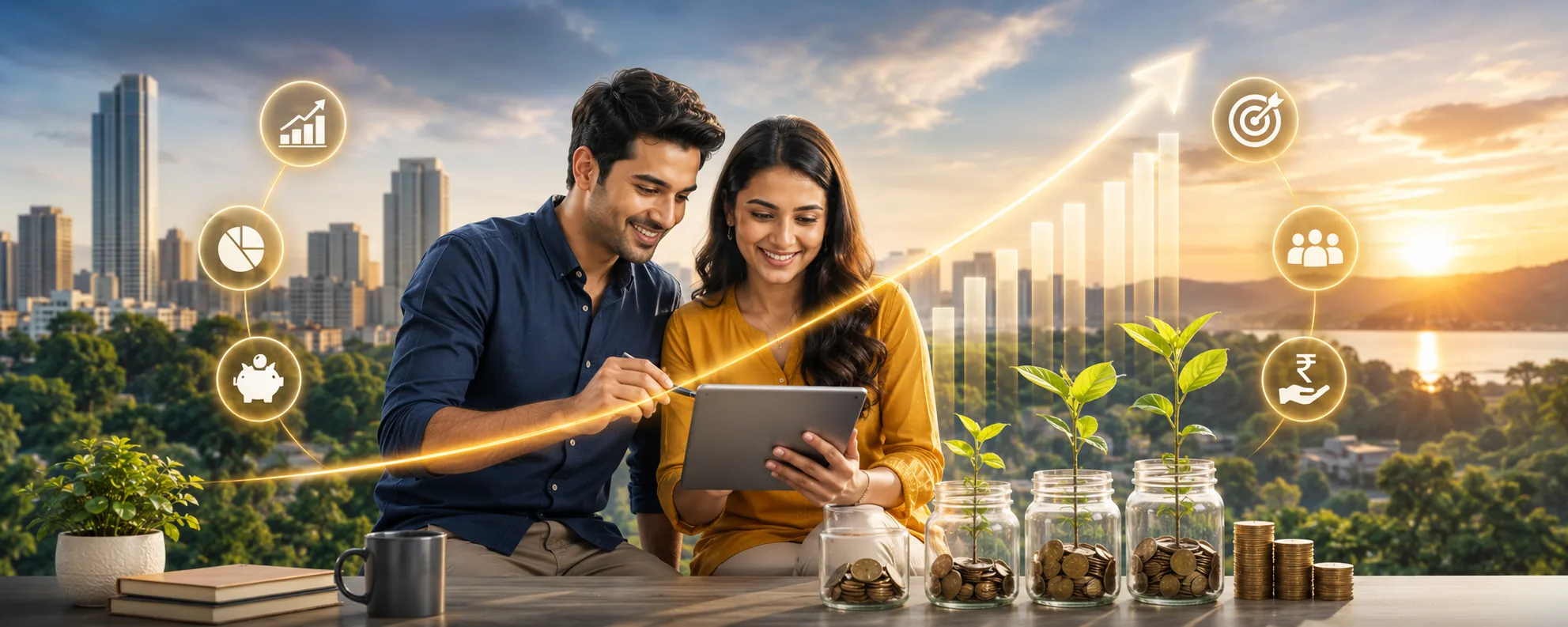 A couple study a tablet at a table set with coin jars sprouting seedlings, a rising gold growth arrow and a city skyline at sunset behind them, ringed by icons for charts, allocation, savings, a target, a group and the rupee.