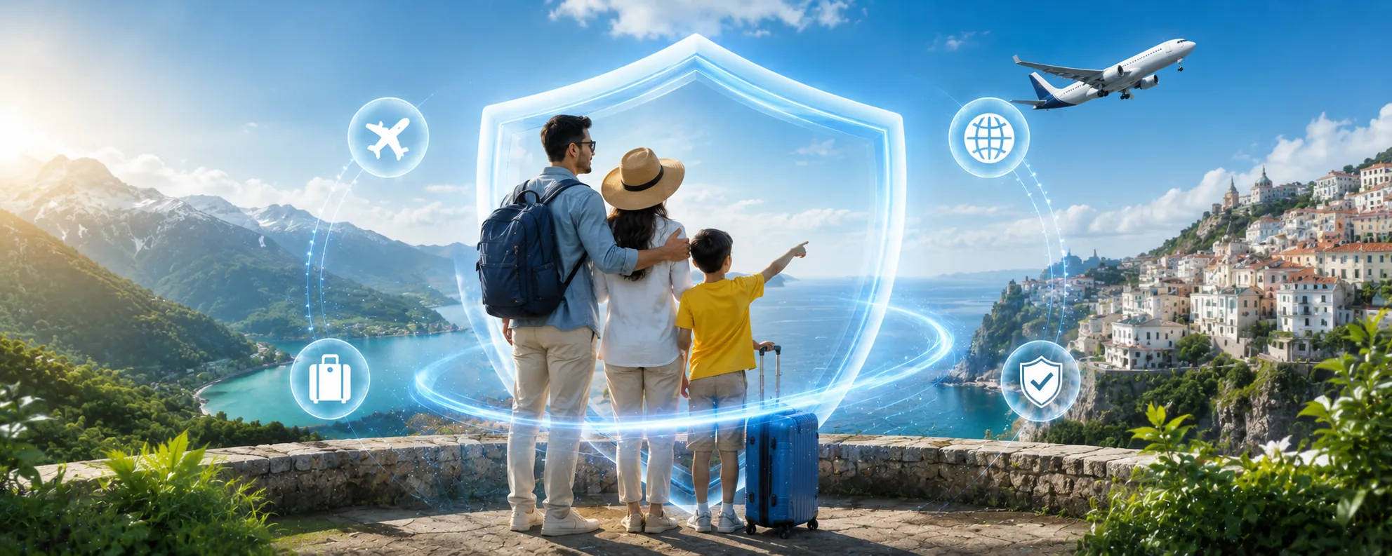 A family of three seen from behind at a clifftop railing above a coastal town, an aeroplane overhead, standing inside a glowing shield ringed by icons for flight, luggage, a globe and a tick shield.